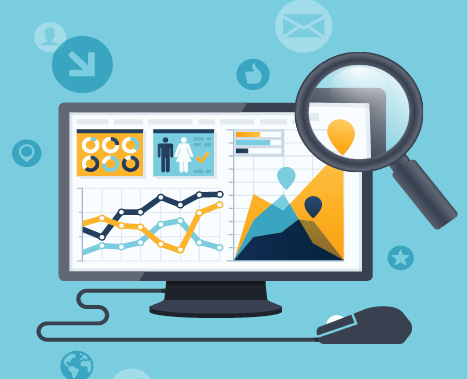 Data Elements, Success Metrics & Adapting Outcomes – An illustration of a computer screen with various graphs and a magnifying glass.