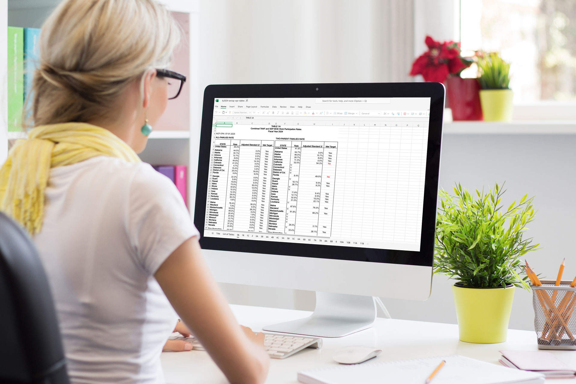 Woman sitting at her desk with her back to the camera, looking at an excel.
