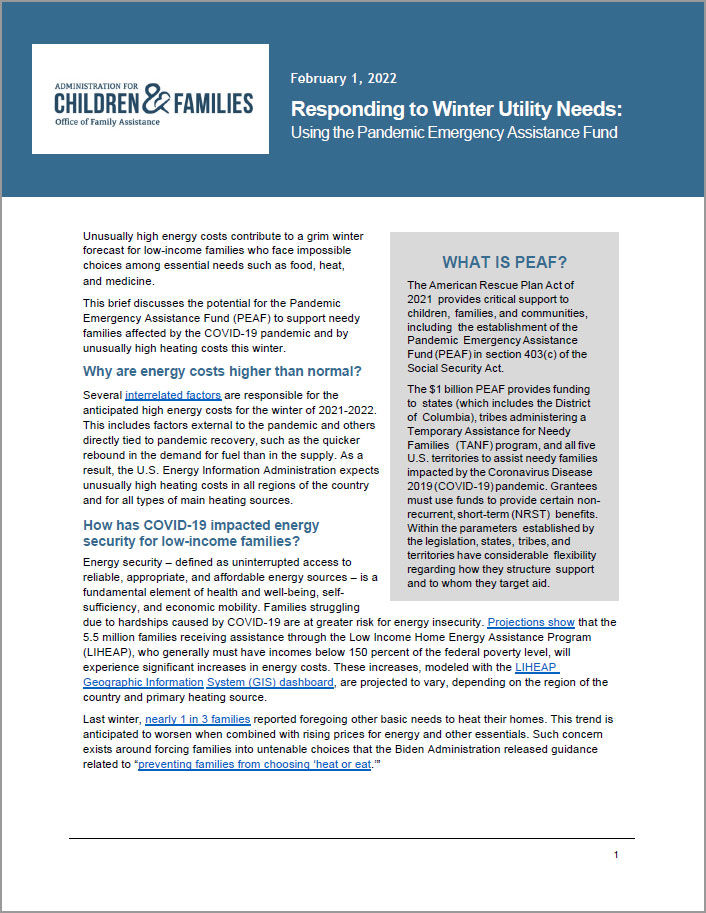 Responding to Winter Utility Needs: Using the Pandemic Emergency Assistance Fund