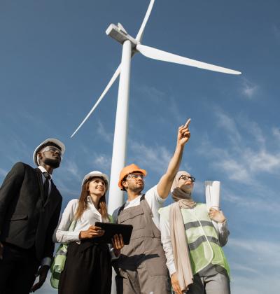 Four workers standing under wind turbine.