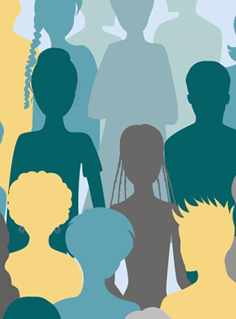 Vector silhouettes of people in shades of yellow, gray, and blue.