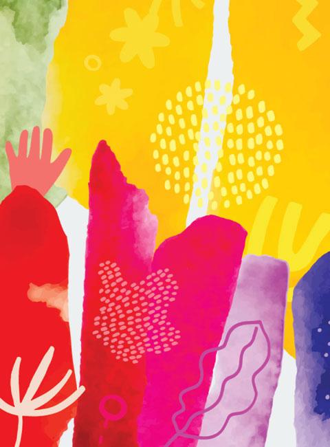 Watercolor image with flowers and hands reaching.